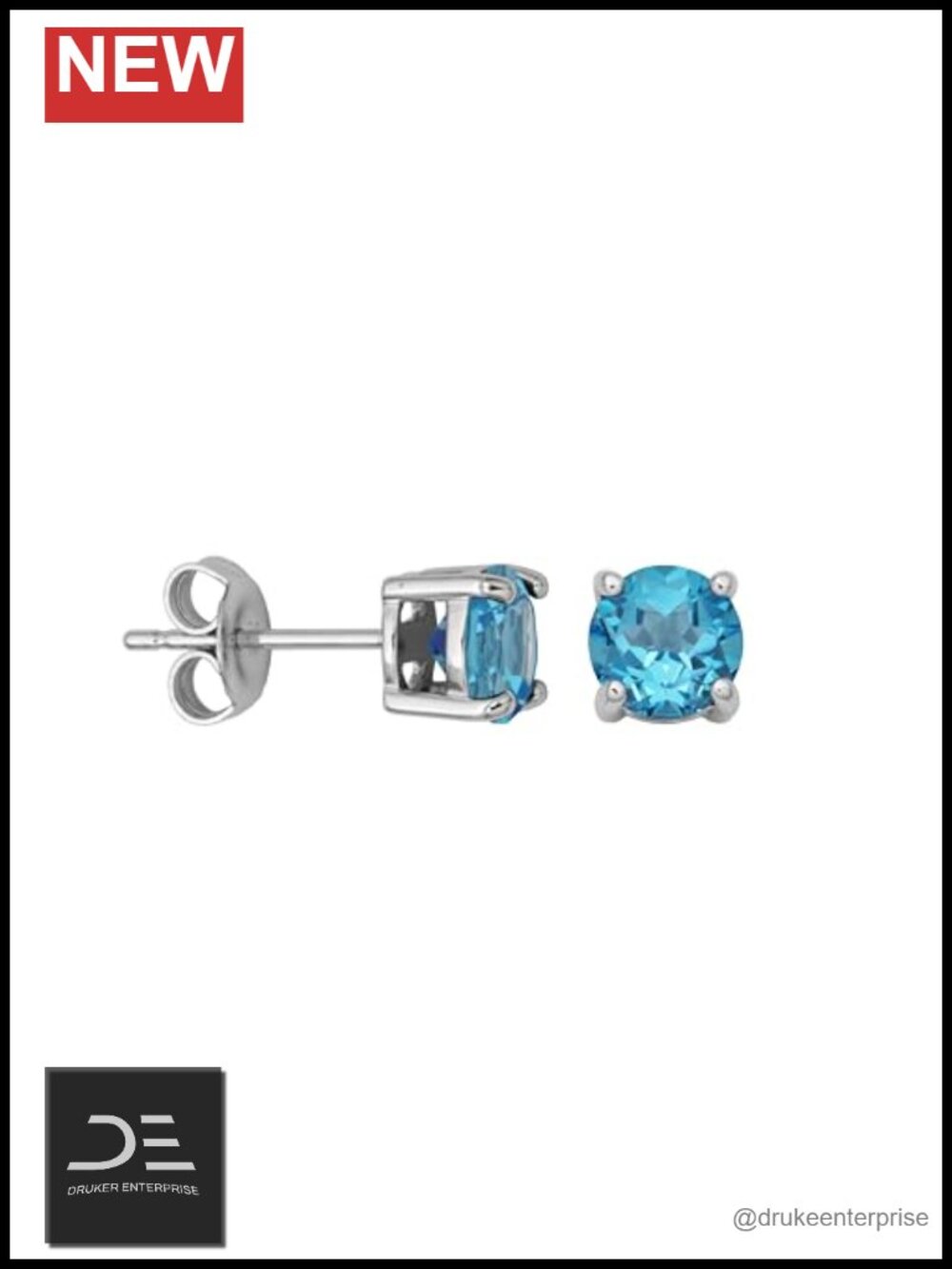 Sterling Silver Round Birthstone Stud Earrings Blue Topaz